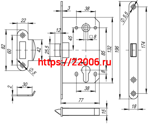 Корпус Fuaro (Фуаро) врезного замка c защёлкой PLASTP85C-50 (P85C-50) GR графит фото 3