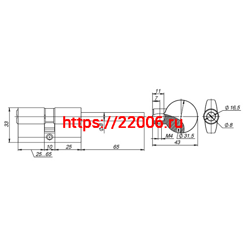 Цилиндровый Fuaro (Фуаро) механизм (D-PRO507/100) D-PRO5007Tang100(65+10+25) CP хром 5Key со штоком фото 3