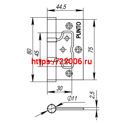 Петля Punto (Пунто) универсальная без врезки IN3200W PB (200-2B 75x2,5) латунь фото 3