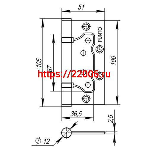 Петля Punto (Пунто) универсальная без врезки IN4200W WAB (200-2B 100x2,5) мат. бронза фото 3