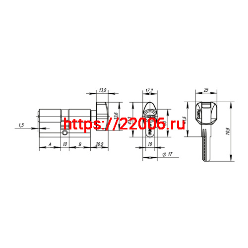 Цилиндровый Punto (Пунто) механизм MaxPro7002Knob60mm(25+10+25) CP хром 7key с вертушкой фото 3
